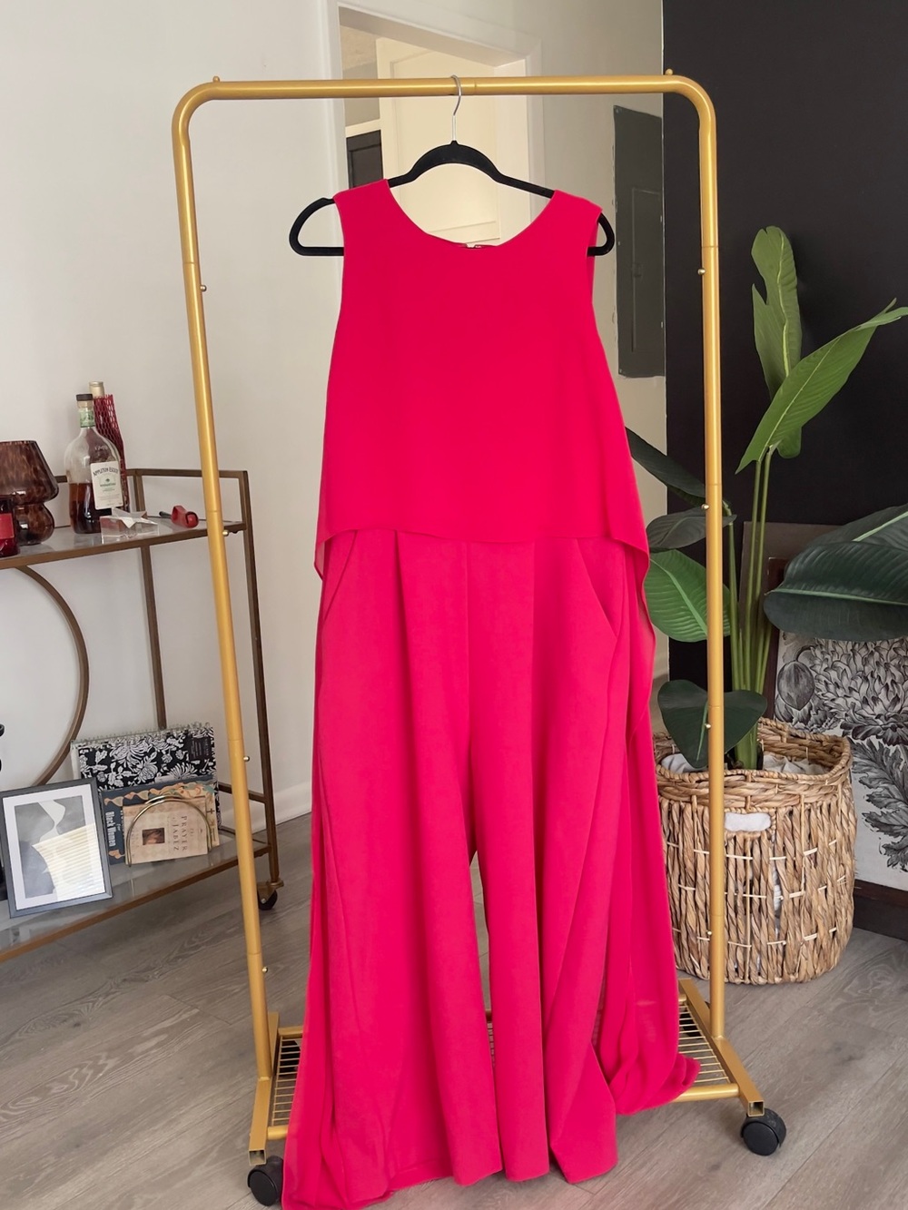 Tahari Vibrant Fuchsia Sleeveless Wide-Leg Jumpsuit with Tunic High Low Shawl